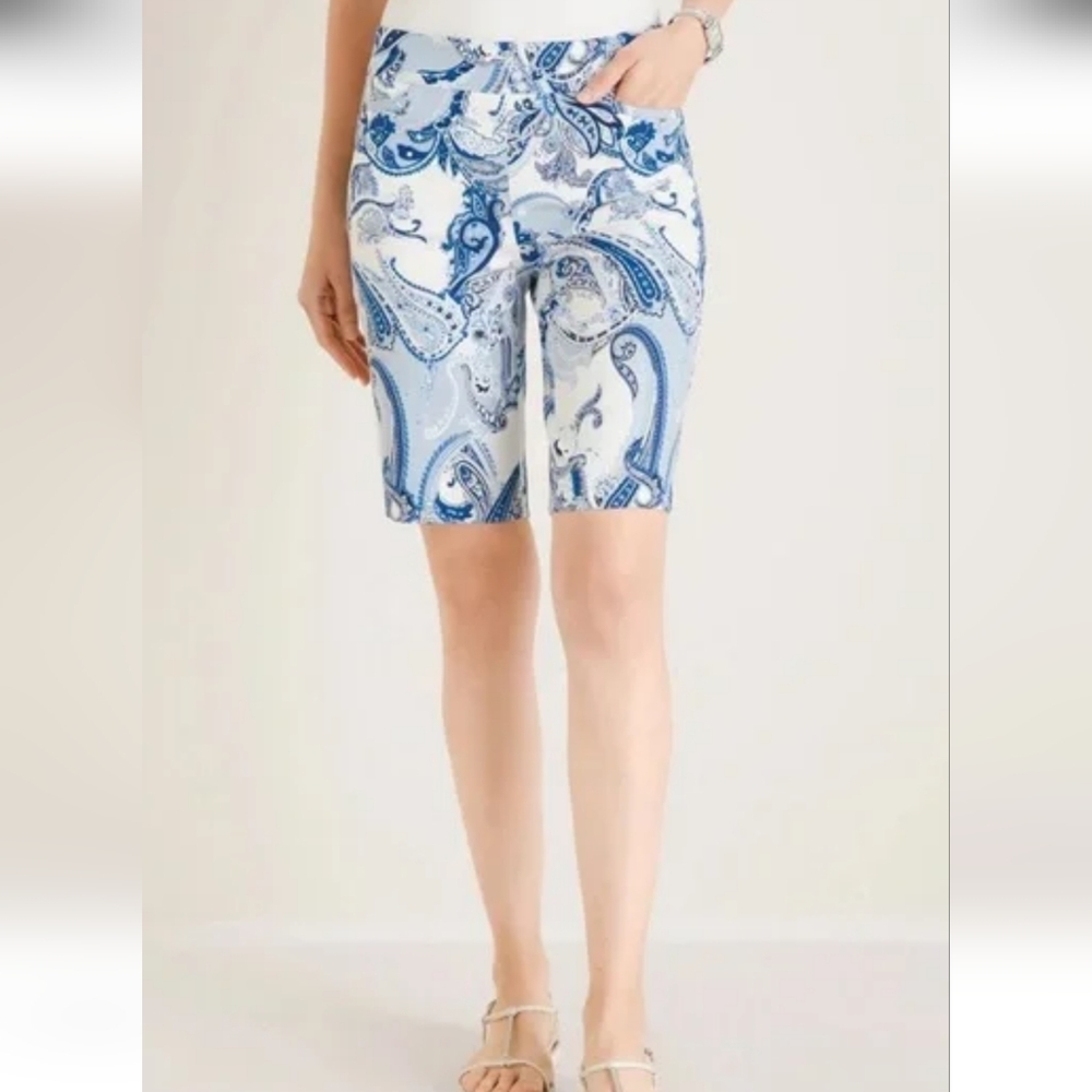 Chico's White & Blue Paisley Bike Shorts
